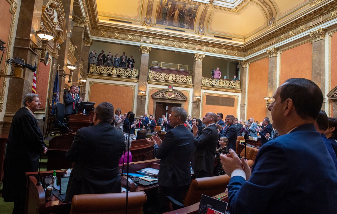 (Rick Egan  |  The Salt Lake Tribune)      Members of the House or Representatives give a standing ovation to Matthew B. Durrant, Chief Justice of the Utah Supreme Court and Chair of the Utah Judicial Council, after he delivered his State of the Judiciary Address in the House, Monday, Jan. 28, 2019.