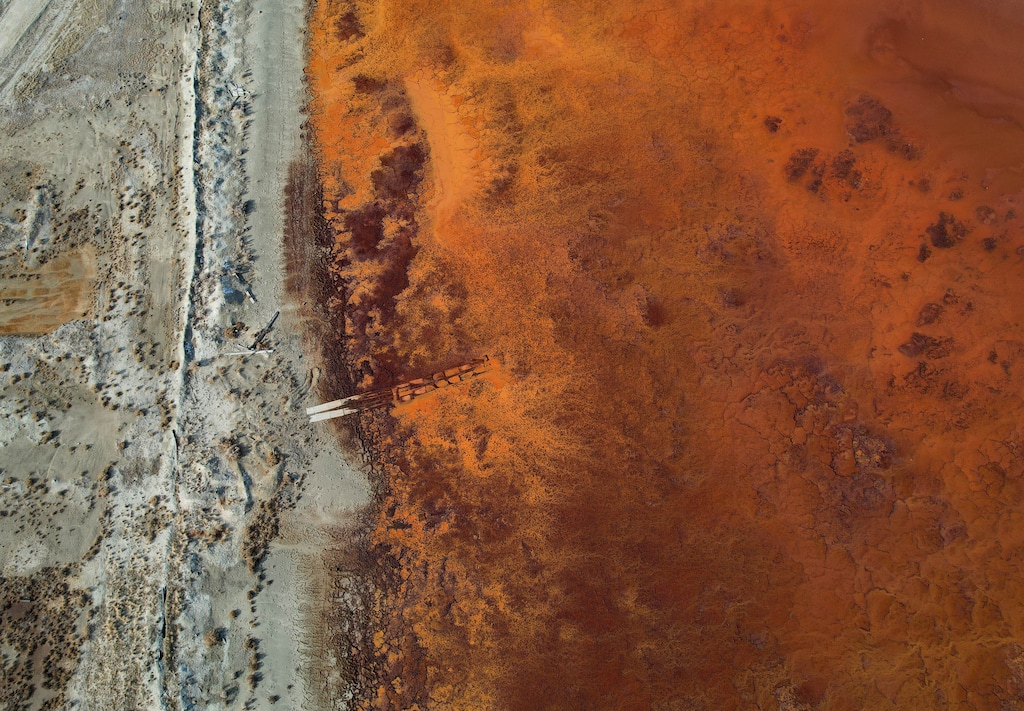 (Francisco Kjolseth  | The Salt Lake Tribune) The retrofitted waste pond at US Magnesium, which has ceased operations, on the western edge of the Great Salt Lake in December 2024.