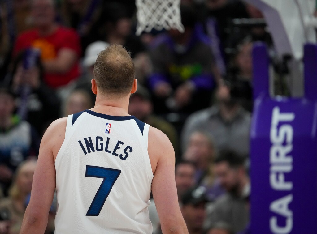 (Bethany Baker  |  The Salt Lake Tribune) Minnesota Timberwolves guard Joe Ingles (7), a former Utah Jazz player, during the second half of a game at the Delta Center in Salt Lake City Thursday, Jan. 30, 2025.
