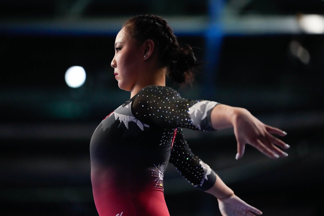 (Francisco Kjolseth | The Salt Lake Tribune) Utah’s Kara Eaker competes on the beam at the Best of Utah NCAA Gymnastics Meet at the Maverik Center in West Valley City on Friday, Jan. 7, 2022.