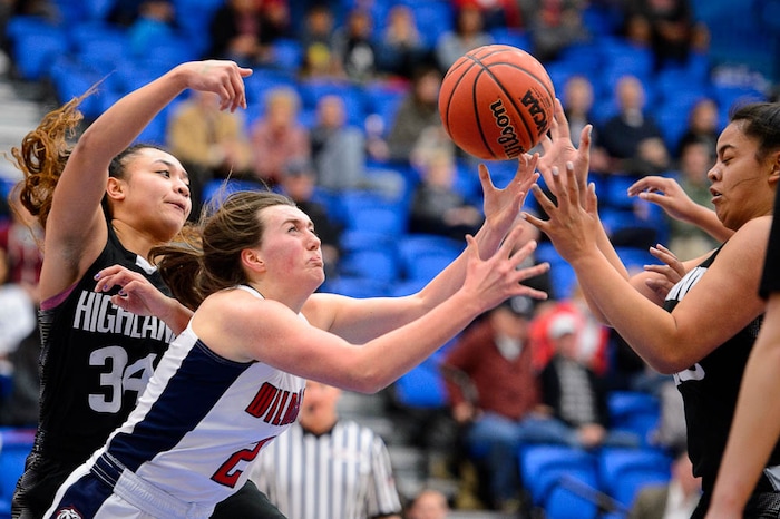 (Trent Nelson | The Salt Lake Tribune)  Woods Cross's Allee Mckenna (2) reaches for a loose ball as Woods Cross faces Highland in the 5A High School Girls' Basketball Tournament at SLCC in Taylorsville, Wednesday Feb. 21, 2018. At left is Highland's Misini Fifita (34).