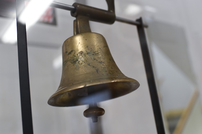 (Francisco Kjolseth  |  The Salt Lake Tribune)  The turret warning bell from the USS Utah that was sunk at Pearl Harbor on Dec. 7, 1941, are put on display alongside the ship's main bell at the Naval Science building at the University of Utah.