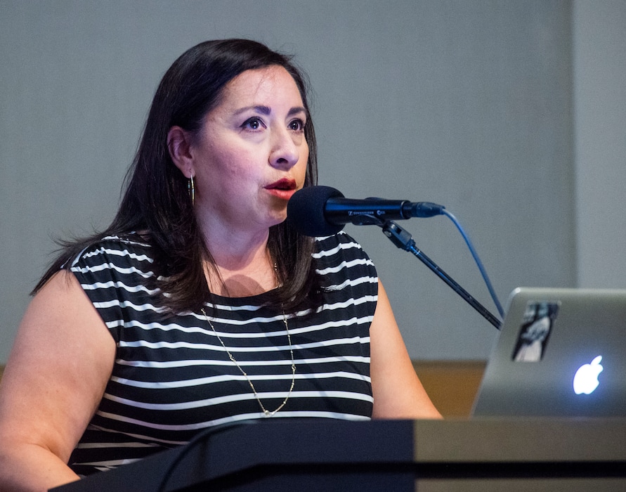 (Rick Egan  |  The Salt Lake Tribune)   Angela Romero says a few words about "Missing and Murdered Indigenous People in Utah" during a workshop at the Salt Lake City Library Auditorium, Monday, July 22, 2019.