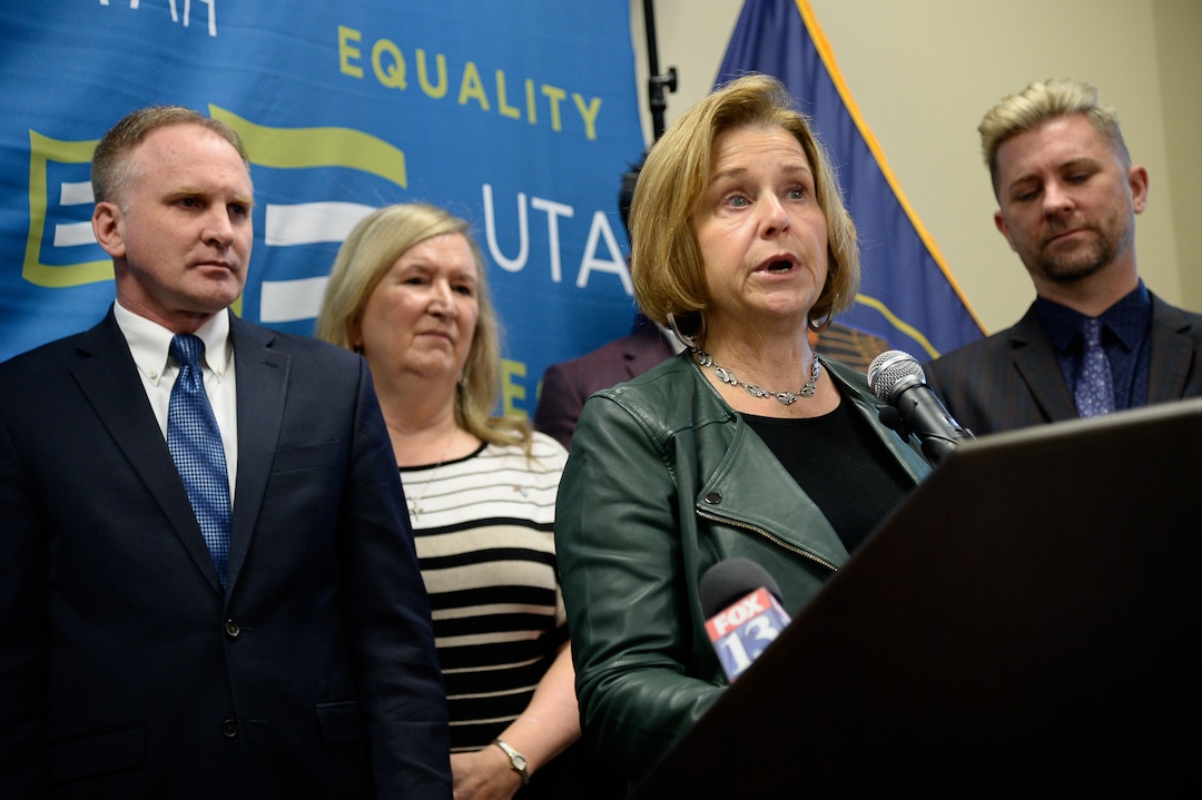 (Francisco Kjolseth  |  The Salt Lake Tribune) Clinical psychologist Dr. Nanci Klein, speaks during a press conference organized by Equality Utah at the Utah Capitol on Wednesday, Jan. 22, 2020, to recognize Utah becoming the 19th state in the nation to enact a ban on conversion therapy for minors.