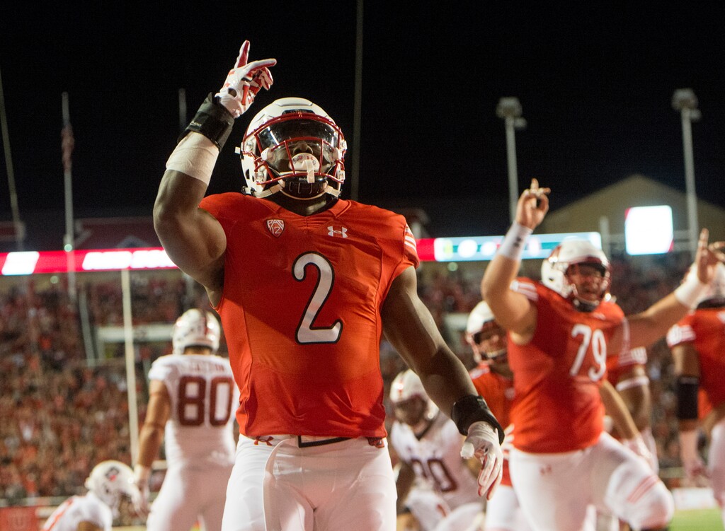 (Rick Egan  |  The Salt Lake Tribune)Utah running back Zack Moss (2) scores the first touchdown for the Utes  in PAC-12 football action, Utah Utes vs. Stanford Cardinals, at Rice-Eccles Stadium, Saturday, October 7, 2017.