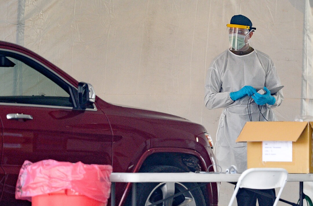 (Francisco Kjolseth | The Salt Lake Tribune) Testing for COVID-19 is performed at the Wasatch County Event Center in Heber City on Wednesday, April 22, 2020, under one of the TestUtah.com contracts the state has with Nomi Health.