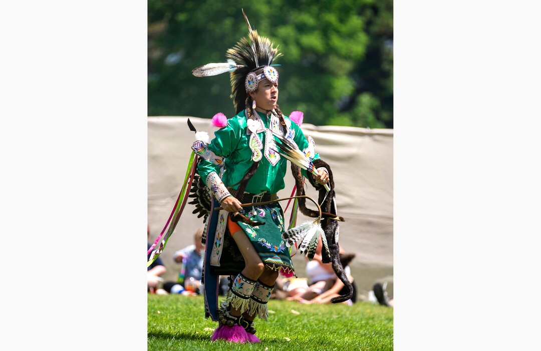 (Rick Egan | The Salt Lake Tribune) Devan Kicknosway, from Ontario Canada, dances at the Native American celebration and Powwow at Liberty Park, on Friday, July 23, 2021.