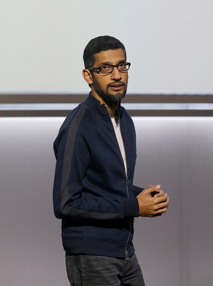 Google CEO Sundar Pichai speaks at a Google event at the SFJAZZ Center in San Francisco, Wednesday, Oct. 4, 2017. (AP Photo/Jeff Chiu)