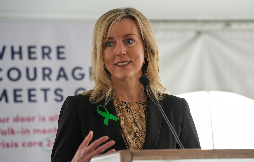 (Chris Samuels | The Salt Lake Tribune) Salt Lake County Councilmember Aimee Winder Newton makes remarks during the opening of the Kem and Carolyn Gardner Mental Health Crisis Care Center in South Salt Lake, Friday, March 28, 2025.