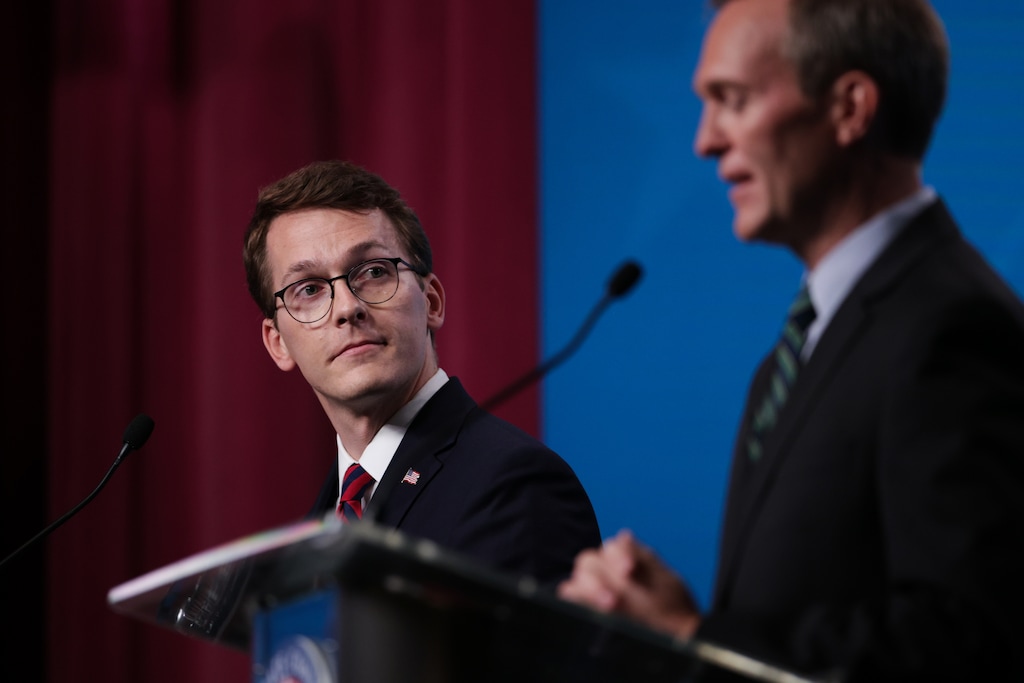 (Erin Hooley | Pool) Candidates for Utah’s 1st Congressional District Republican Riley Owen, left, and Democrat Ben McAdams participate in a debate at Salt Lake Community College, Tuesday, Sept. 29, 2026, in Salt Lake City. 