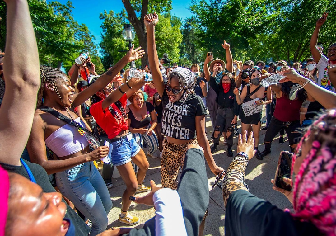 (Rick Egan  |  The Salt Lake Tribune)  Participants dance during the Juneteenth celebration at Washington Square in Salt Lake City on Friday, June 19, 2020.