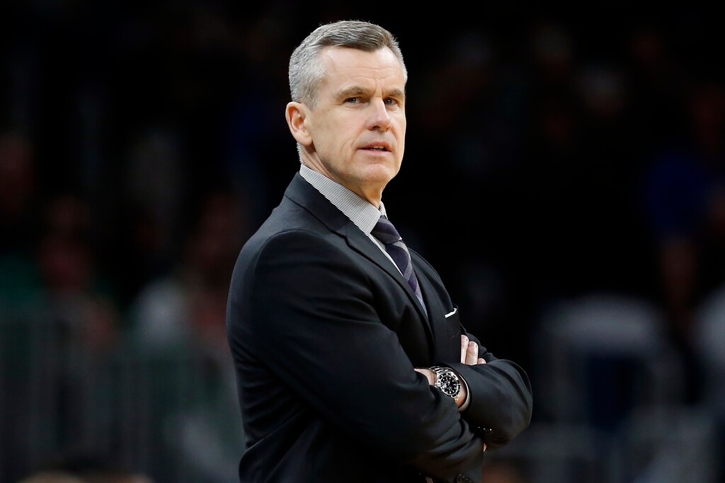 FILE - In this March 8, 2020, file photo, Oklahoma City Thunder coach Billy Donovan watches during the second half of the team's NBA basketball game against the Boston Celtics in Boston. The Chicago Bulls hired Donovan as coach Tuesday, Sept. 22. The 55-year-old Donovan spent the last five seasons with the Thunder. He replaces Jim Boylen, who was fired after the Bulls finished 22-43 and were one of the eight teams that didn’t qualify for the NBA’s restart at Walt Disney World. (AP Photo/Michael Dwyer, File)