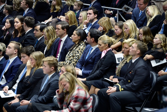 Scott Sommerdorf | The Salt Lake Tribune
Members of the Huntsman family react as they listen to family members speak during the funeral services for Jon M. Huntsman, Sr., Saturday, February, 10, 2018. 
