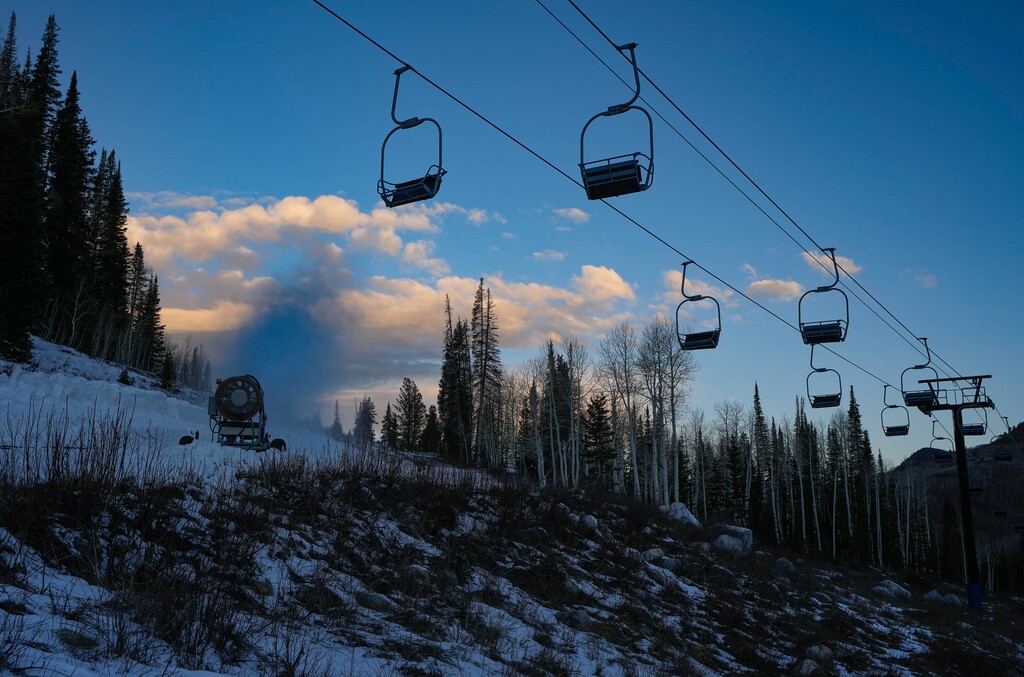 (Francisco Kjolseth | The Salt Lake Tribune) Snow is made near the base of Solitude Mountain Resort opening day on Tuesday, Nov. 23, 2021, as Utah resorts see limited snow accumulation for the start of the season. This week, a storm is expected to bring 10-16 inches of snow to the mountains.