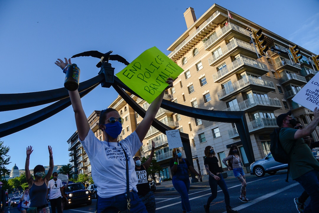 (Francisco Kjolseth  |  The Salt Lake Tribune) Protesters march the streets of downtown Salt Lake City to rally against police brutality on Friday, June 26, 2020.