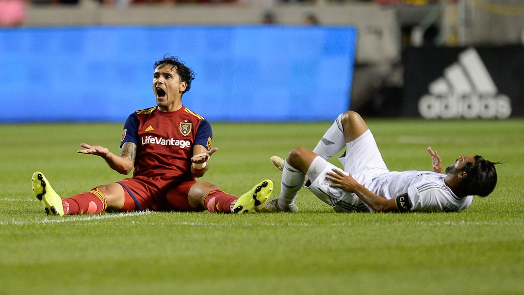 (Francisco Kjolseth  |  The Salt Lake Tribune)  Real Salt Lake defender Marcelo Silva (30) argues a call against Los Angeles FC forward Carlos Vela (10) as Real Salt Lake hosts Los Angeles FC at Rio Tinto Stadium in Sandy on Saturday, Aug. 17, 2019.
