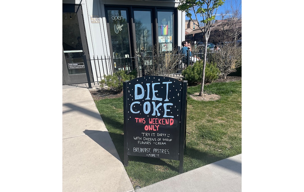 (Beth Noyce | Special to The Tribune) District Coffee Co., located near the Conference Center in downtown Salt Lake City, posted this sign during General Conference weekend in April 2025.