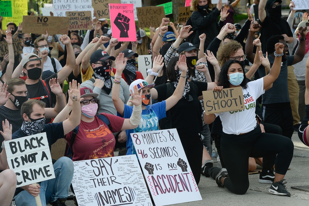 (Francisco Kjolseth  |  The Salt Lake Tribune) Demonstrators protest against police brutality on Tuesday, June 2, 2020, in downtown Salt Lake City, as an 8 p.m. weeklong curfew remains in order.