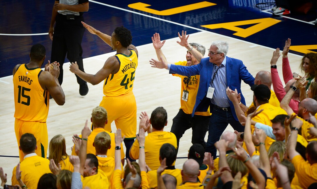 (Scott Sommerdorf | The Salt Lake Tribune)Fans rush to congratulate Utah Jazz guard Donovan Mitchell (45) as he celebrates the win over the Thunder. The Utah Jazz defeated the Oklahoma City Thunder 96-91 to win the first round playoff series, Friday, April 27, 2018.