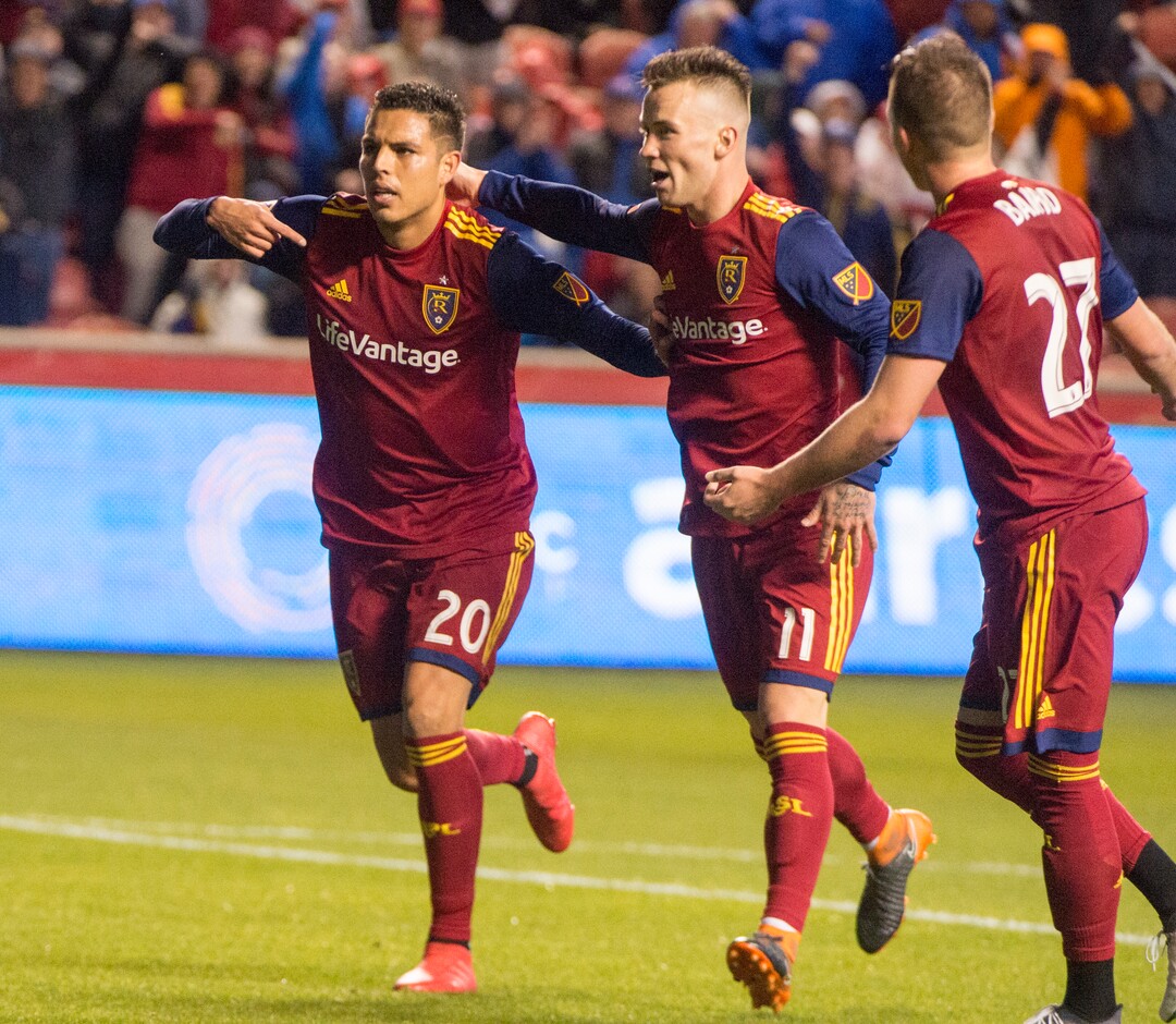 (Rick Egan  |  The Salt Lake Tribune)      Real Salt Lake midfielder Luis Silva (20) celebrates his goal along with Real Salt Lake midfielder Albert Rusnak (11) and Real Salt Lake forward Corey Baird (27), in MLS action between Real Salt Lake and Vancouver Whitecaps, at Rio Tinto Stadium beSaturday, April 7, 2018.