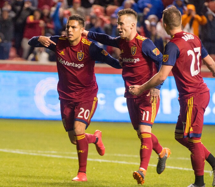 (Rick Egan  |  The Salt Lake Tribune)      Real Salt Lake midfielder Luis Silva (20) celebrates his goal along with Real Salt Lake midfielder Albert Rusnak (11) and Real Salt Lake forward Corey Baird (27), in MLS action between Real Salt Lake and Vancouver Whitecaps, at Rio Tinto Stadium beSaturday, April 7, 2018.


