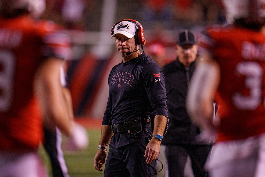 (Trent Nelson  |  The Salt Lake Tribune) Morgan Scalley as the Utah Utes host the Southern Utah Thunderbirds, NCAA football in Salt Lake City on Thursday, Aug. 29, 2024.