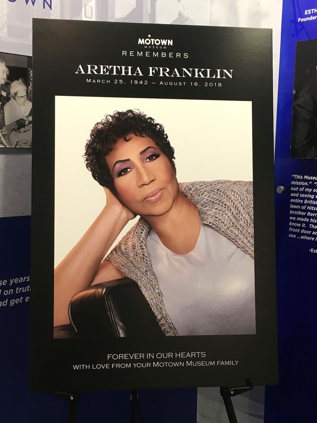 A poster honoring the late Aretha Franklin is displayed at the Motown Museum Wednesday, Aug. 22, 2018, in Detroit. The legendary singer died Aug. 16, 2018, in her hometown of Detroit. The private funeral Aug. 31 will be held at Detroit’s Greater Grace Temple and caps several days of high-profile events memorials. (AP Photo/Jeff Karoub)