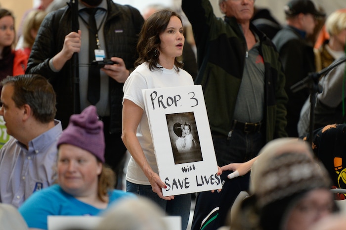 (Francisco Kjolseth  |  The Salt Lake Tribune)  Katrina Andelin Brown joins over 300 demonstrators as they fill the Capitol rotunda on Monday, Jan, 28, 2019, on the first day of the Legislative session to rally in support of protecting Proposition 3, the Medicaid Expansion law recently passed by voters.