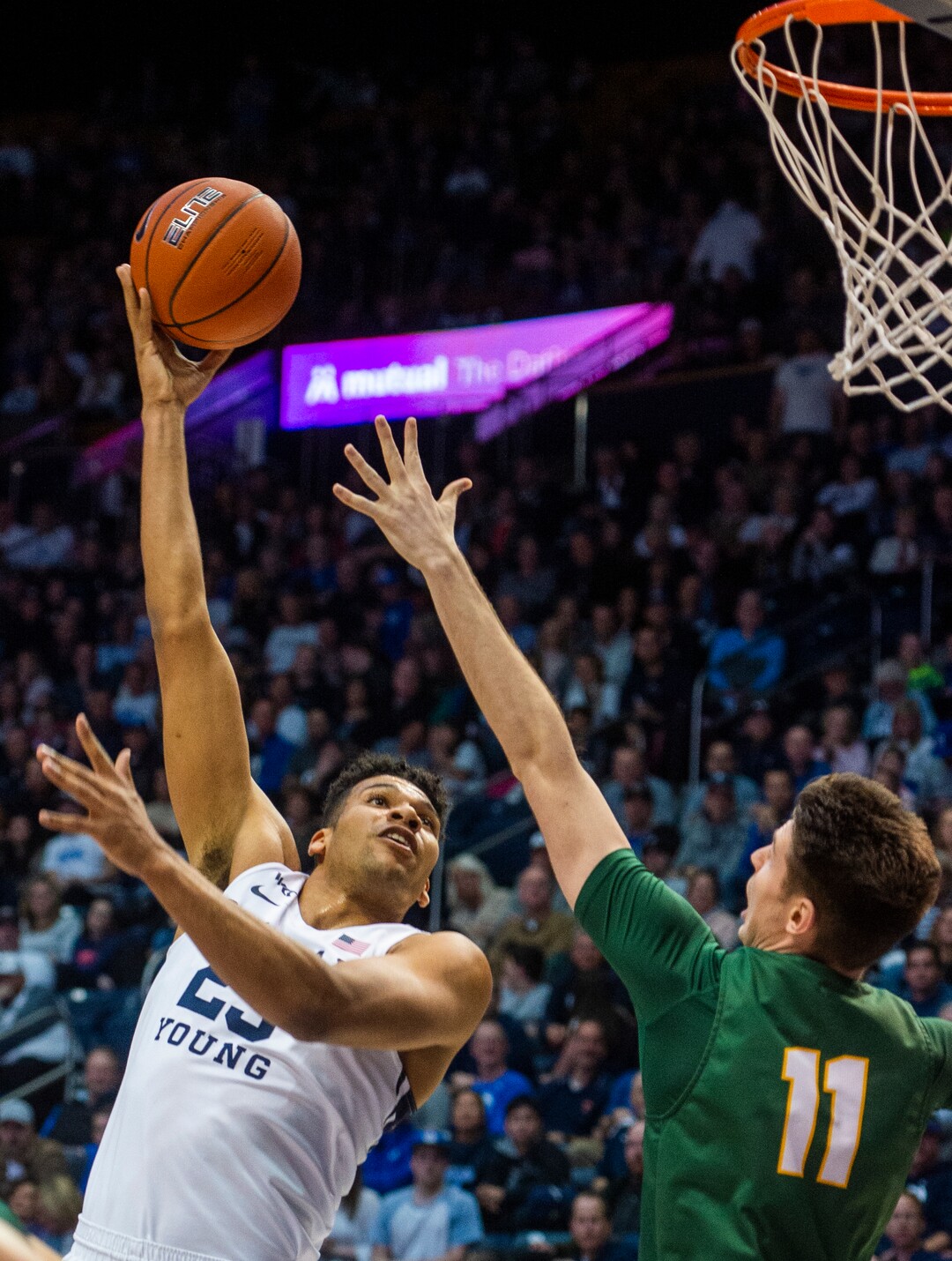 (Rick Egan  |  The Salt Lake Tribune)    Brigham Young Cougars forward Yoeli Childs (23 shoots over San Francisco Dons forward Remu Raitanen (11), in WCC basketball acton between the Brigham Young Cougars and the San Francisco Dons, at the Marriott Center, Saturday, Feb. 8, 2020.