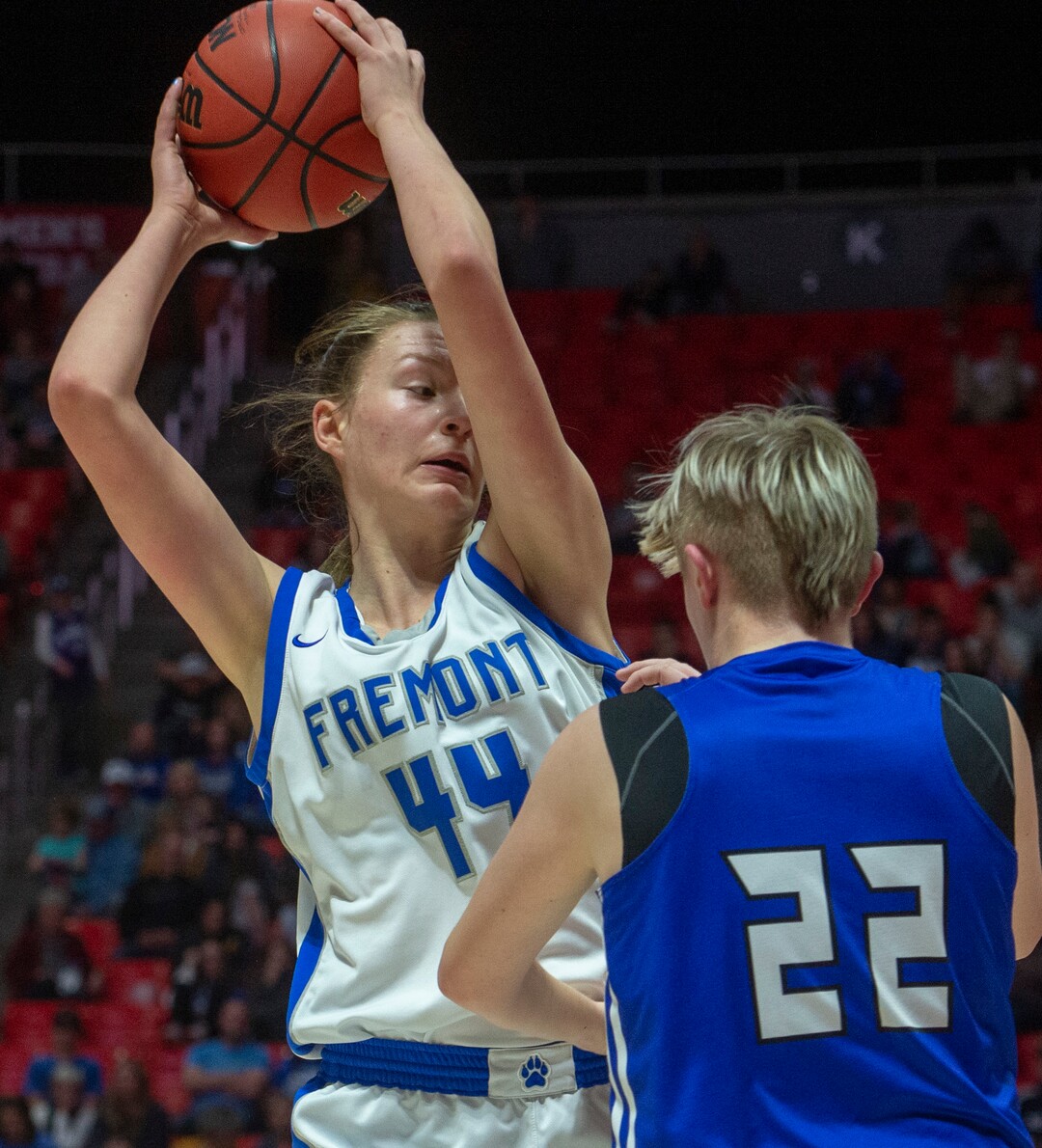 (Rick Egan  |  The Salt Lake Tribune)     Fremont Sliverwolves Margaret Mendelson (44) goes up for a shot, as Bingham Miners Madison Jones  (22) defends, in the 6A championship game, between the Fremont Sliverwolves and the Bingham Miners, at the Jon M. Huntsman Center, Saturday Feb. 29, 2020