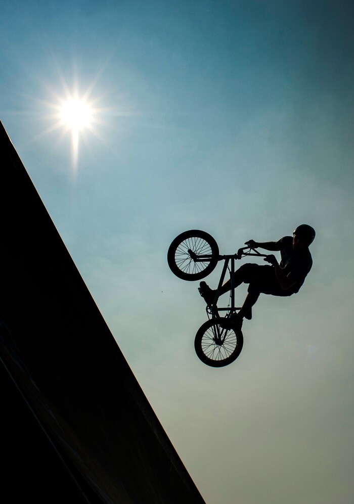 (Rick Egan  |  The Salt Lake Tribune)    Justin McCarty gets some air on the half pipe, during the BMX Stunt Show, at the Davis County Fair in Farmington, Saturday, Aug. 18, 2018.