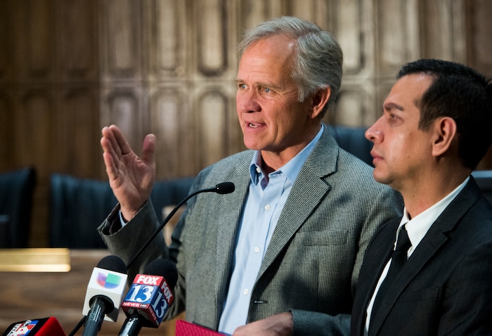 (Rick Egan  |  The Salt Lake Tribune)      Ed Smart and Rosemberg Salgado talk about Elizabeth Elena Laguna-Salgado at the Provo City Council chambers. Three years after her last known sighting in downtown Provo, Laguna-Salgado still remains missing. Friday, April 13, 2018.