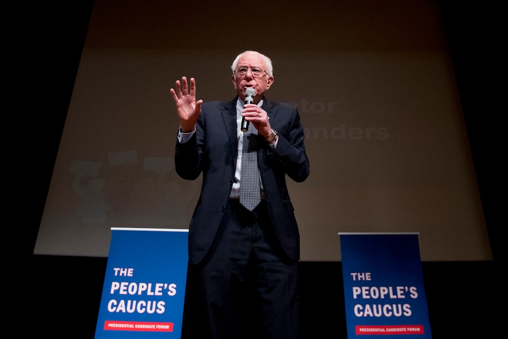 (Andrew Harnik | AP) Democratic presidential candidate Sen. Bernie Sanders, I-Vt., speaks at "The People's Caucus: Vote Truth to Power" at the Holzworth Performing Arts Center at Davenport North High School, Sunday, Jan. 12, 2020, in Davenport, Iowa.