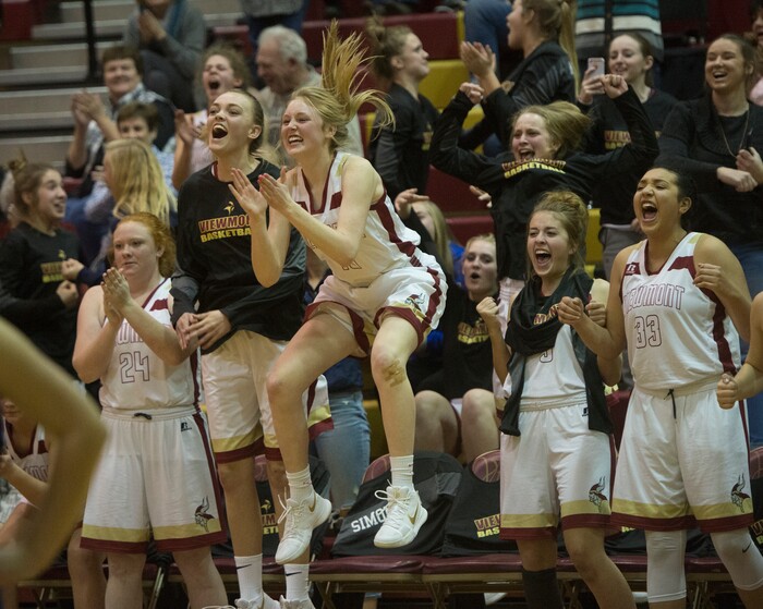 (Rick Egan  |  The Salt Lake Tribune)   Viewmont High celebrates as Melissa Sorenson ties the game with a free-throw, in Bingham's 1 point  victory over Bingham, in prep basketball action in Bountiful, Wednesday, January 3, 2018.
