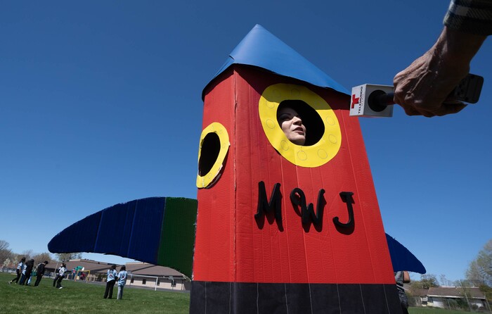 (Francisco Kjolseth | The Salt Lake Tribune) Mary W. Jackson Elementary vice principal Andrea Seminario is interviewed in Spanish as students commemorate their school’s namesake’s 100th birthday on Friday, April 9, 2021, with a special science lesson, including the mechanics of rocket building. Salt Lake City’s oldest elementary school was renamed in 2018 in honor of the the first African American female engineer at NASA, with students recently voting to change their mascot to “The Rockets.”