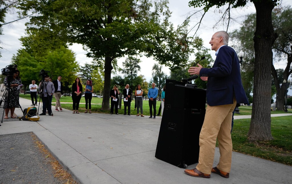 (Francisco Kjolseth | The Salt Lake Tribune) State Homeless Coordinator Wayne Niederhauser joins other Salt Lake County leaders and mayors at Pioneer Park on Tuesday, Aug. 1, 2023, to announce a homeless plan for winter has been submitted for approval.