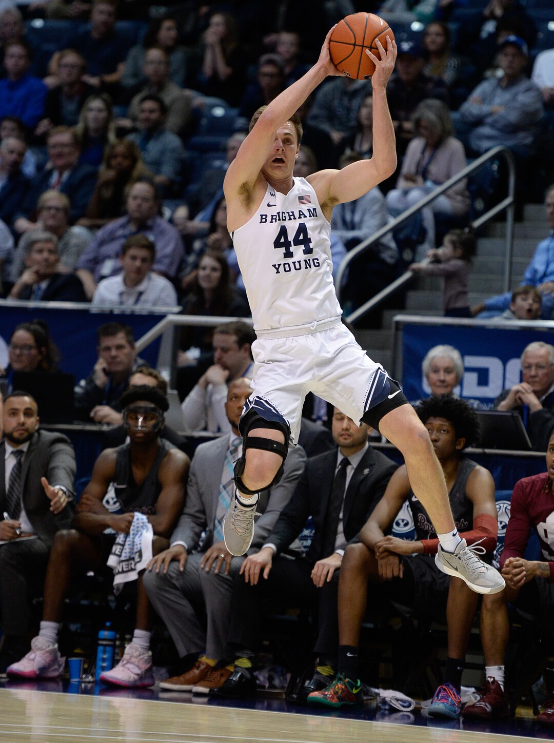 (Francisco Kjolseth  |  The Salt Lake Tribune) Brigham Young Cougars guard Connor Harding (44) keeps the ball in play on a fast pass in the first half as the Brigham Young Cougars host the Santa Clara Broncos at the Marriott Center in Provo, Thursday, Feb. 20, 2020.