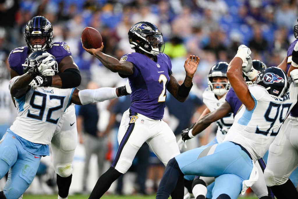 (Nick Wass | AP) Baltimore Ravens quarterback Tyler Huntley (2) throws a pass against the Tennessee Titans during the first half of an NFL football game, Thursday, Aug. 11, 2022, in Baltimore.
