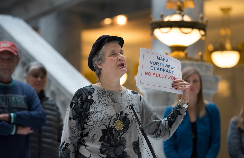 (Scott Sommerdorf | Tribune file photo) In this March 4, 2018 file photo, Westpointe Community Council Board Chairwoman Dorothy Owen speaks about feeling bullied by state government as Utahns concerned about environmental health consequences and community impact from creating a state controlled inland port authority in Salt Lake City's northwest quadrant. Owen and Richard Holman, another west side Salt Lake City representative, were recently removed without explanation from an inland port community advisory council.