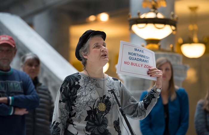 Scott Sommerdorf | The Salt Lake Tribune
Dorothy Owen speaks about feeling bullied by state government as Utahns concerned about environmental health consequences and community impact from creating a state controlled inland port authority in Salt Lake CityÕs northwest quadrant held a press conference in the capitol rotunda, Sunday, March 4, 2018. 