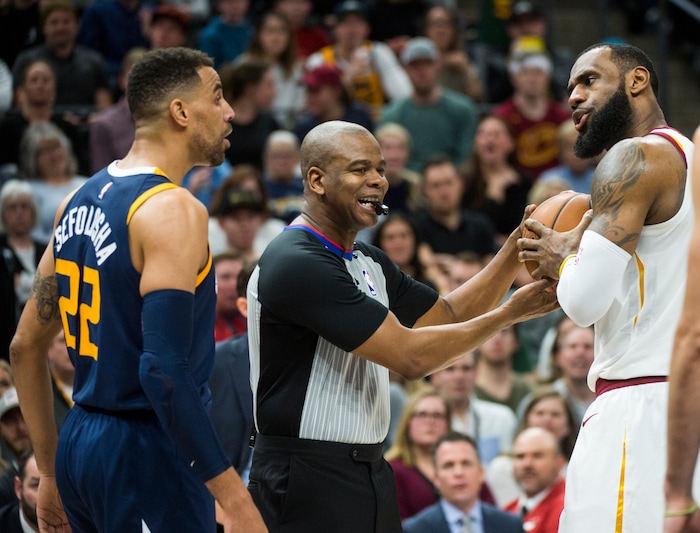 (Rick Egan  |  The Salt Lake Tribune)   Utah Jazz forward Thabo Sefolosha (22) gets called for a technical foul along with Cleveland Cavaliers forward LeBron James (23), after a little argument on the court , in NBA action Utah Jazz vs Cleveland Cavaliers, in Salt Lake City,  Saturday, December 30, 2017.



