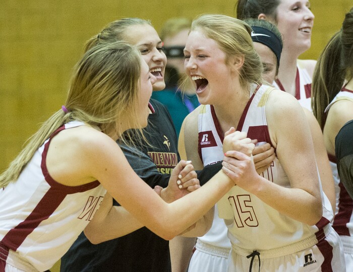 (Rick Egan  |  The Salt Lake Tribune)   Viewmont High celebrates their last second victory over Bingham, in prep basketball action in Bountiful, Wednesday, January 3, 2018.