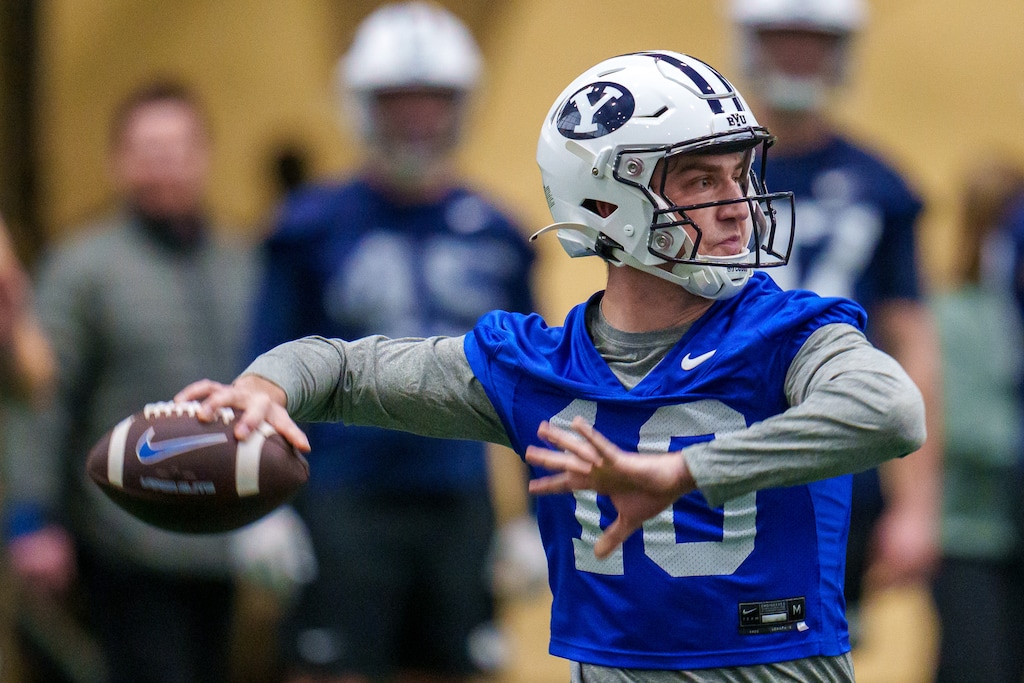 (Trent Nelson  |  The Salt Lake Tribune) Kedon Slovis at BYU football practice in Provo on Monday, March 6, 2023.