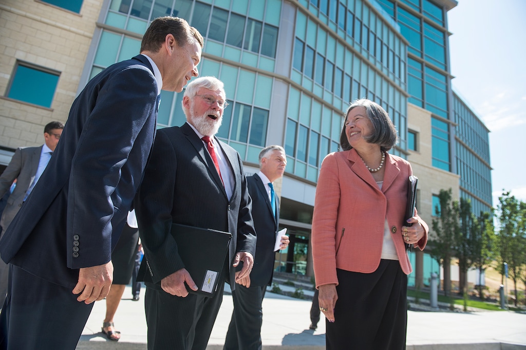 Leah Hogsten | The Salt Lake Tribune
l-r Peter Huntsman, CEO of the Huntsman Cancer Foundation and President and CEO of the Huntsman Corporation shares a laugh with University of Utah President David Pershing and Huntsman Cancer Institute CEO and Director Mary Beckerle prior to the dedication ceremony of the Primary Children’s and Families’ Cancer Research Center, June 21, 2017. Huntsman Cancer Institute (HCI) dedicated the Primary Children’s and Families’ Cancer Research Center, a world-class facility dedicated to advancing cancer research and patient care.