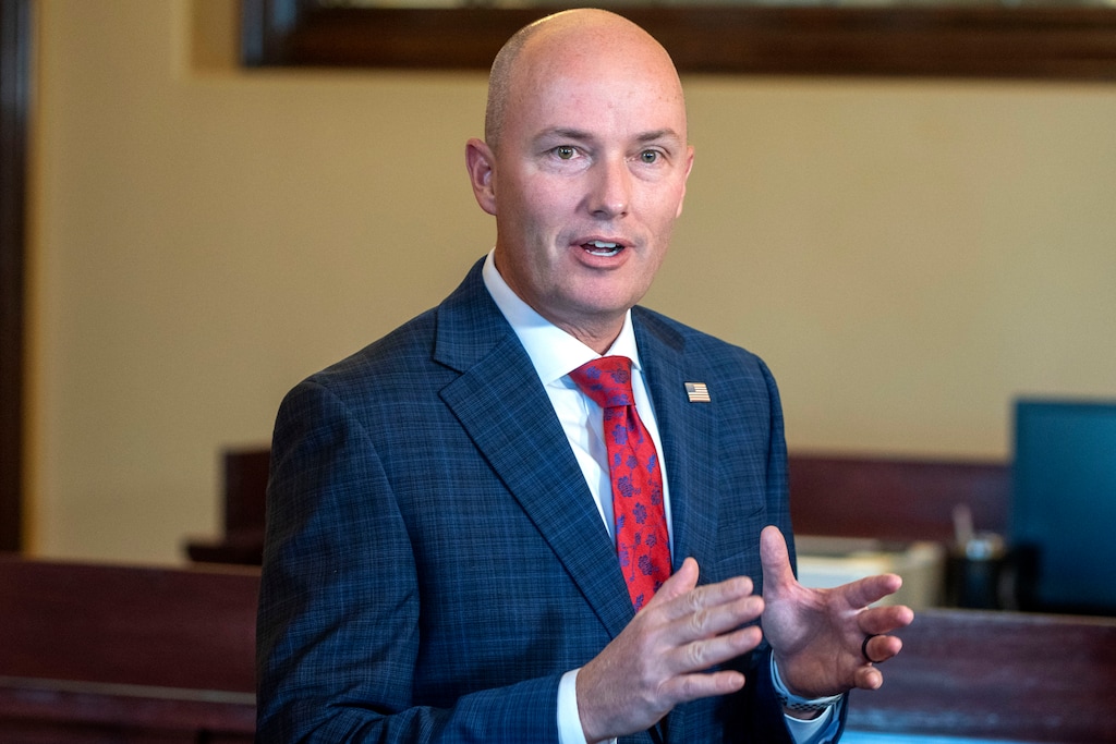 (Rick Egan | The Salt Lake Tribune) Gov. Spencer Cox talks to reporters at the Capitol following the 2024 gubernatorial campaign on Wednesday, Nov. 6, 2024.
