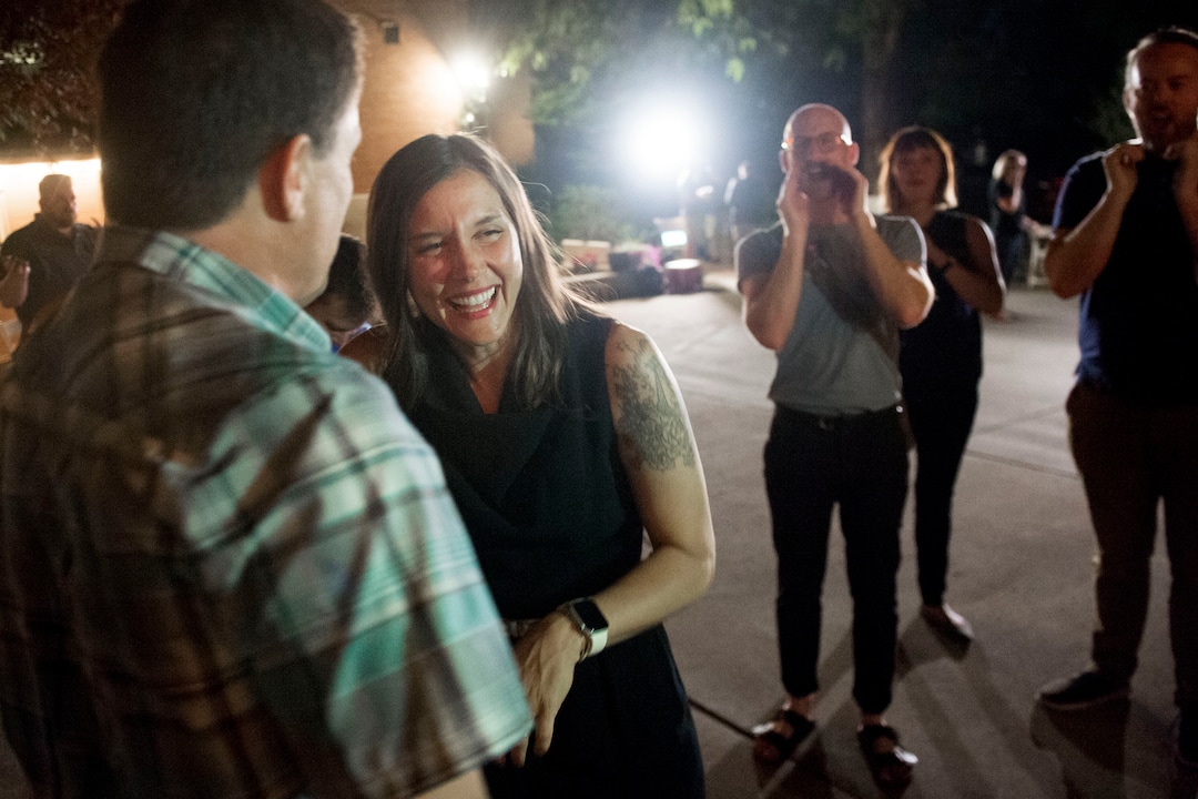 (Jeremy Harmon  |  The Salt Lake Tribune) Erin Mendenhall celebrates with supporters during an election night party in Salt Lake City on Tuesday, August 13, 2019.