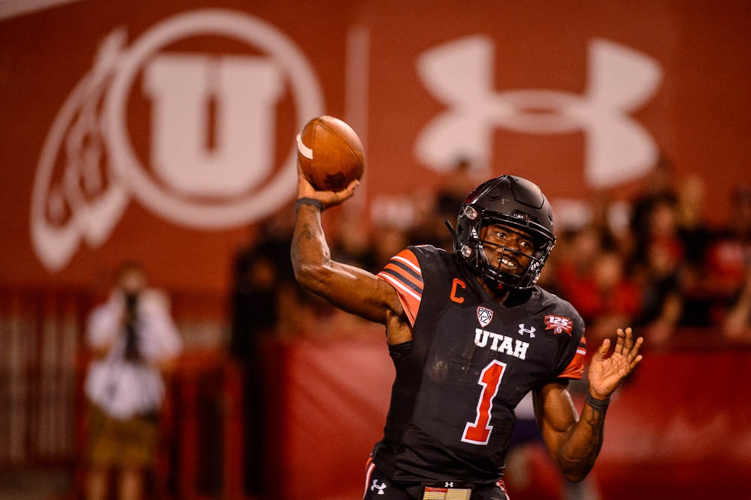 (Trent Nelson | The Salt Lake Tribune)  Utah Utes quarterback Tyler Huntley (1) as the University of Utah hosts Washington at Rice-Eccles Stadium in Salt Lake City, Saturday Sept. 15, 2018.