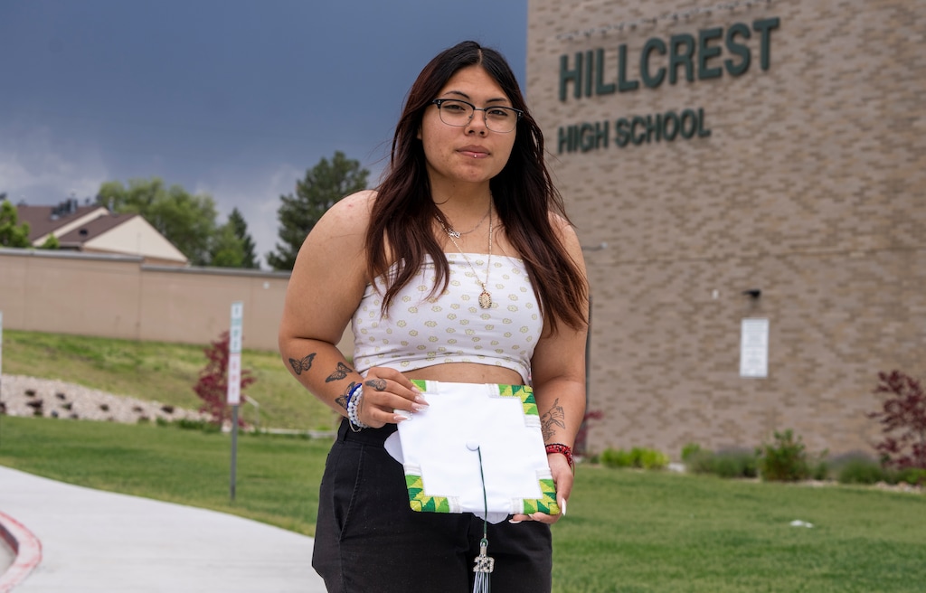 (Rick Egan | The Salt Lake Tribune)  Alexis Archuleta holds the beaded graduation cap she was not allowed to wear at her Hillcrest graduation, on Thursday, June 1, 2023.