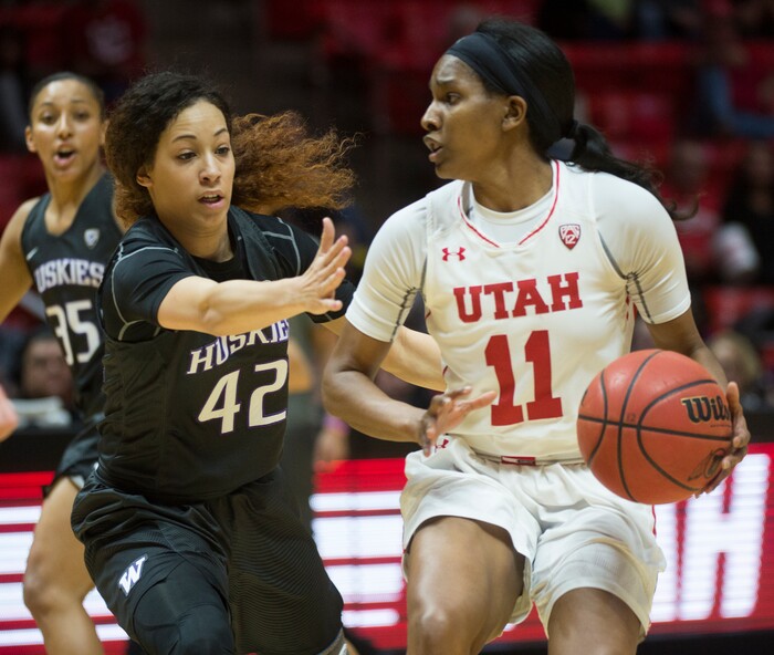 (Rick Egan  |  The Salt Lake Tribune)       Utah Utes guard Erika Bean (11) dribbles the ball, as Washington Huskies guard Mackenzie Wieburg (42) defends, in PAC-12 women's basketball action at the Jon M. Huntsman Center, Sunday, Feb. 18, 2018.