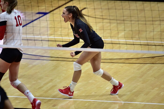 (Scott Sommerdorf   |  The Salt Lake Tribune)   Brianna Doehrmann celebrates a second set point. Utah beat Purdue three sets to one in the second round of the NCAA volleyball tournament, Friday, December 1, 2017.  
